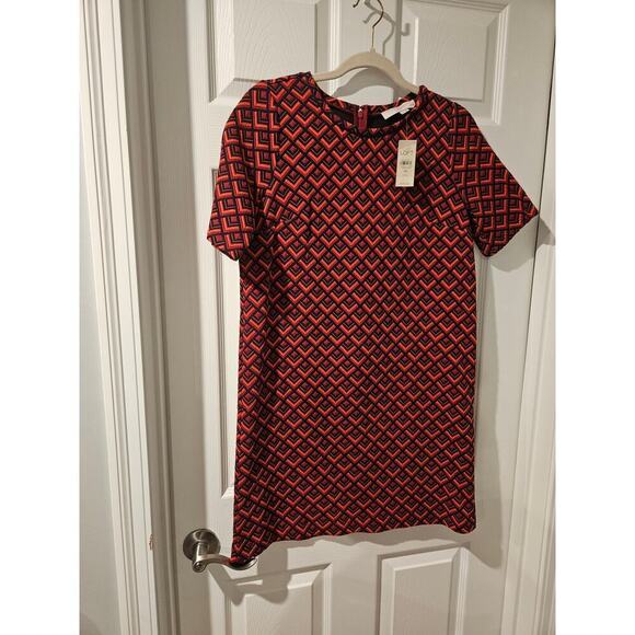NWT LOFT Geometric Jacquard Shift Dress MP Navy Red Orange Textured Short Sleeve - Picture 4 of 7